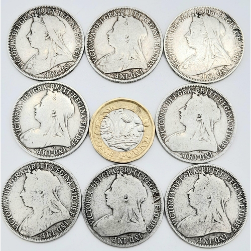 754 - Eight Old Head Queen Victoria Silver Florin Coins. Please see photos for conditions.