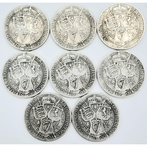 754 - Eight Old Head Queen Victoria Silver Florin Coins. Please see photos for conditions.