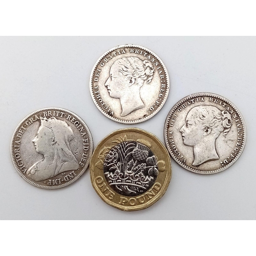 790 - Three Queen Victoria Silver Shilling Coins - 1874, 1887 and 1897. Please see photos for conditions.