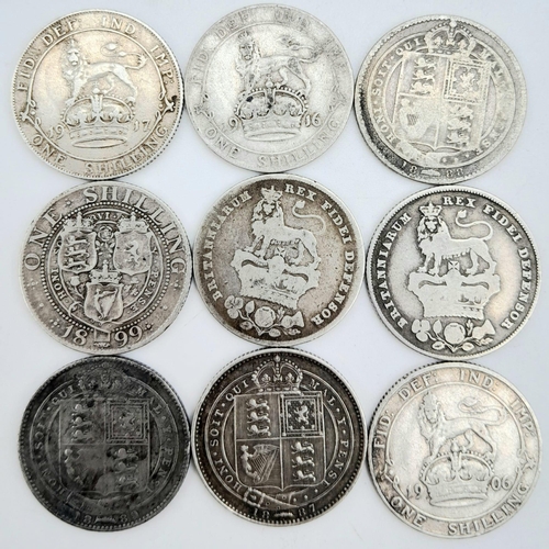 795 - Nine Pre 1920 Silver British Shilling Coins - Please see photos for finer details.