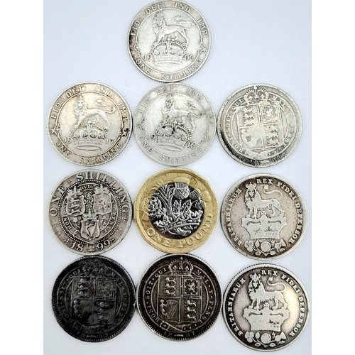 795 - Nine Pre 1920 Silver British Shilling Coins - Please see photos for finer details.