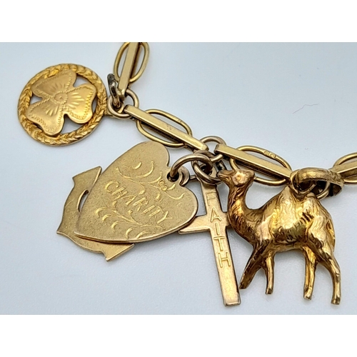 94 - A 9K Yellow Gold Charm Bracelet. Eight charms including Elephant! 10.65g weight.