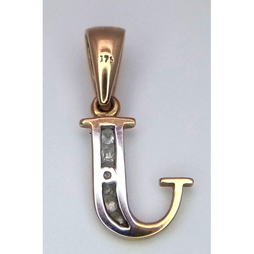 1381 - A 9K Yellow Gold, 5 Diamond Letter J Pendant. 2cm. 0.90g total weight.