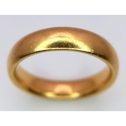 36 - A Vintage Rich 22K Yellow Gold Band Ring. 5mm width. Size N. 7.55g weight. Full UK hallmarks.