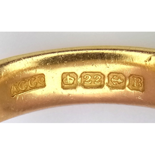 36 - A Vintage Rich 22K Yellow Gold Band Ring. 5mm width. Size N. 7.55g weight. Full UK hallmarks.