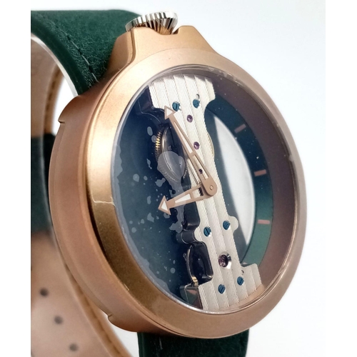 460 - A Verticale Mechanical Top Winder Gents Watch. Green leather strap. Ceramic gilded skeleton case - 4... 