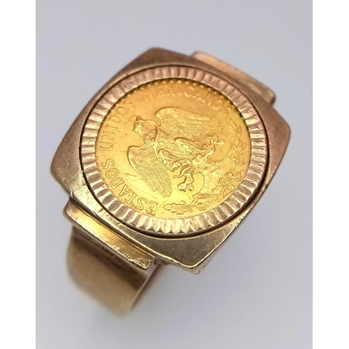 59 - An 18K Gold Dos Pesos Mexican Coin set in a 9K Gold Ring. 6.6g total weight. Size R.