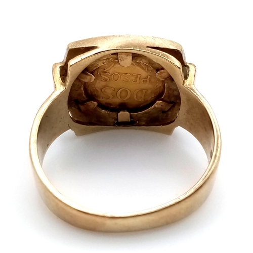 59 - An 18K Gold Dos Pesos Mexican Coin set in a 9K Gold Ring. 6.6g total weight. Size R.