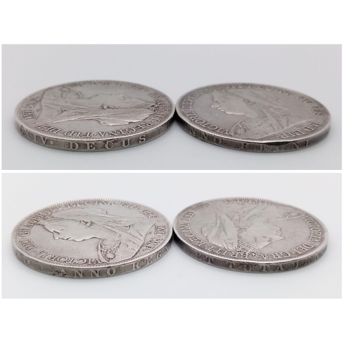 850 - Two Queen Victoria Silver Crown Coins - 1899 and 1900. Please see photos for conditions.