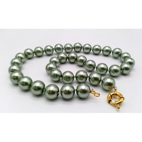 1372 - A Metallic Green South Sea Pearl Shell Bead Necklace. 12mm beads. 42cm length.