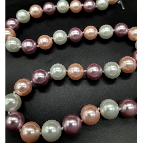 835 - A Pastel Multi-Colour South Sea Pearl Shell Necklace. 12mm beads. Heart clasp. 42cm length.