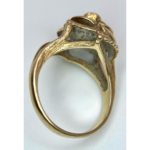 11 - A Vintage 9K Yellow Gold Floral Ring. A decorative ornate central rose. Size L. 5.3g weight.