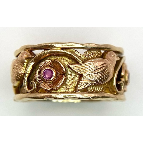 15 - A Beautifully Decorated Bird and Floral 14K Rose Gold and Ruby Band Ring. Size N. 7.5g total weight.