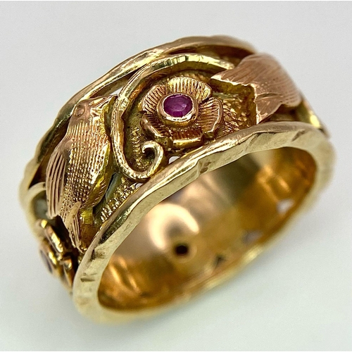 15 - A Beautifully Decorated Bird and Floral 14K Rose Gold and Ruby Band Ring. Size N. 7.5g total weight.