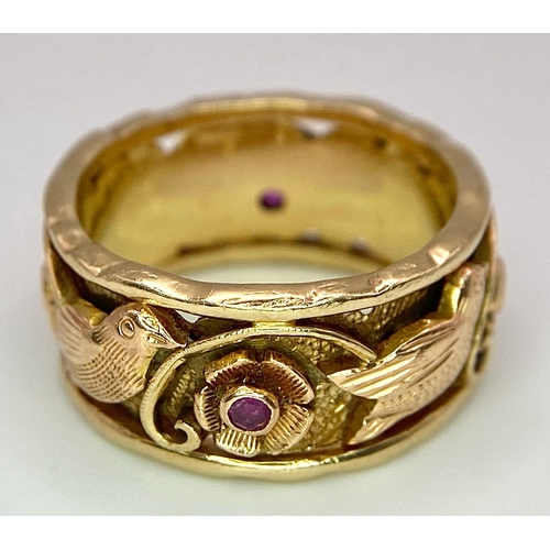 15 - A Beautifully Decorated Bird and Floral 14K Rose Gold and Ruby Band Ring. Size N. 7.5g total weight.