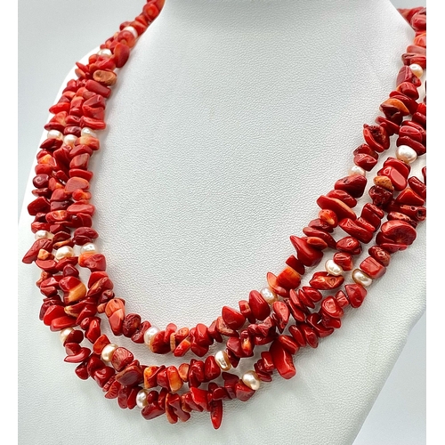 306 - An exotic looking three row red coral and natural pearls necklace and bracelet. Necklace length: 44-... 