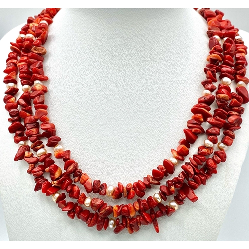 306 - An exotic looking three row red coral and natural pearls necklace and bracelet. Necklace length: 44-... 