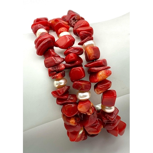 306 - An exotic looking three row red coral and natural pearls necklace and bracelet. Necklace length: 44-... 