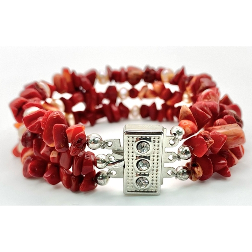 306 - An exotic looking three row red coral and natural pearls necklace and bracelet. Necklace length: 44-... 