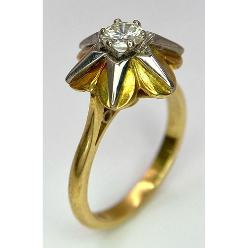 61 - A Vintage 18k Yellow Gold Diamond Solitaire Ring. Central 0.65ct brilliant round cut diamond in a de... 