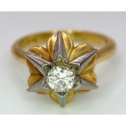 61 - A Vintage 18k Yellow Gold Diamond Solitaire Ring. Central 0.65ct brilliant round cut diamond in a de... 