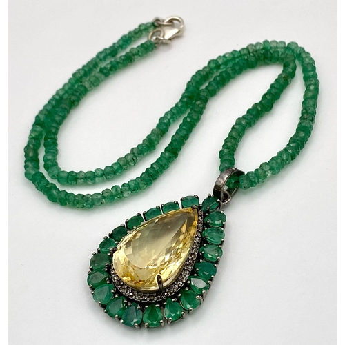 839 - An Emerald Beaded Necklace with a Pear Cut Citrine and Rose cut Diamonds Pendant. Set in 925 Sterlin... 