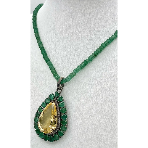 839 - An Emerald Beaded Necklace with a Pear Cut Citrine and Rose cut Diamonds Pendant. Set in 925 Sterlin... 