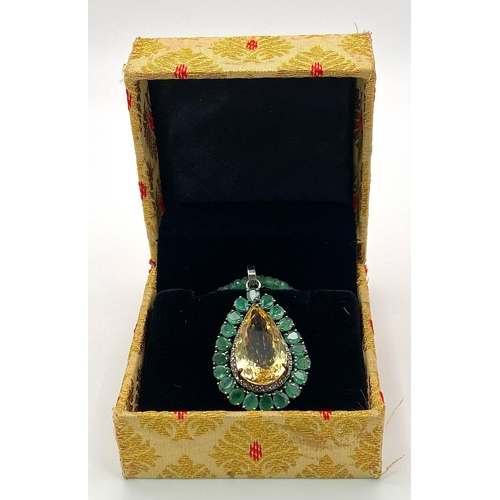 839 - An Emerald Beaded Necklace with a Pear Cut Citrine and Rose cut Diamonds Pendant. Set in 925 Sterlin... 