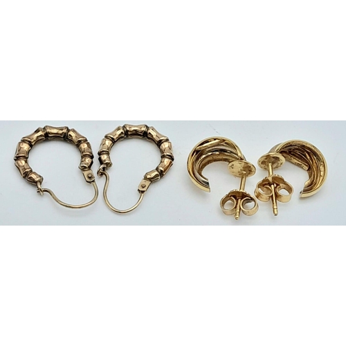 1389 - Two Pairs of Different Style 9K Gold Earrings - Small creole and half-shell. 2.57g total weight.