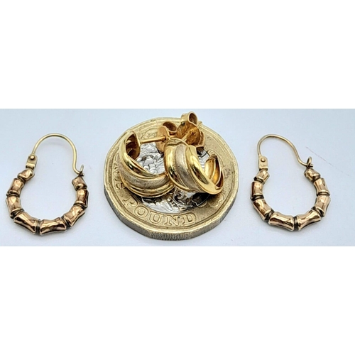 1389 - Two Pairs of Different Style 9K Gold Earrings - Small creole and half-shell. 2.57g total weight.