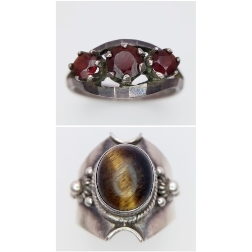 1412 - A Vintage 925 Silver Three Stone Garnet - L and a Tigers Eye 
Cabochon Ring - Q.