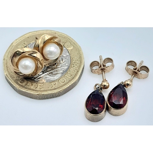 1469 - Two Different Style Pairs of 9K Gold Earrings - Cultured pearl and garnet. 2.15g total weight.