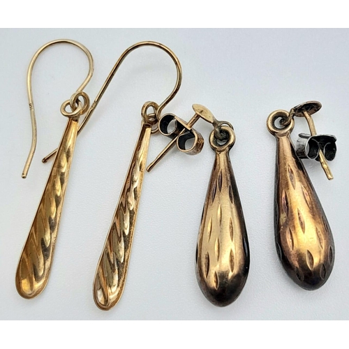 1484 - 2 PAIRS OF 9K GOLD DROP EARRINGS .   1.6gms