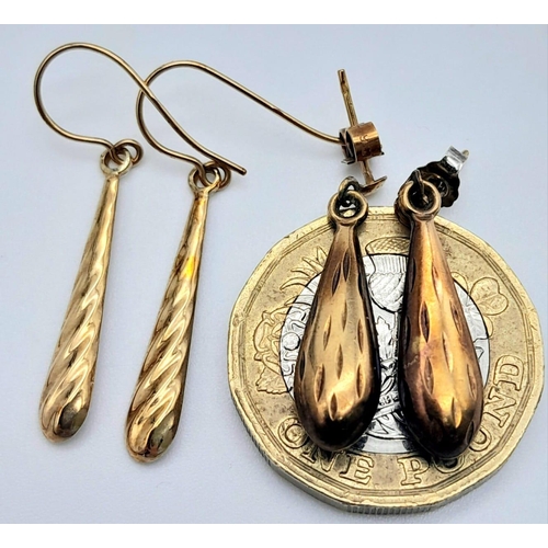 1484 - 2 PAIRS OF 9K GOLD DROP EARRINGS .   1.6gms