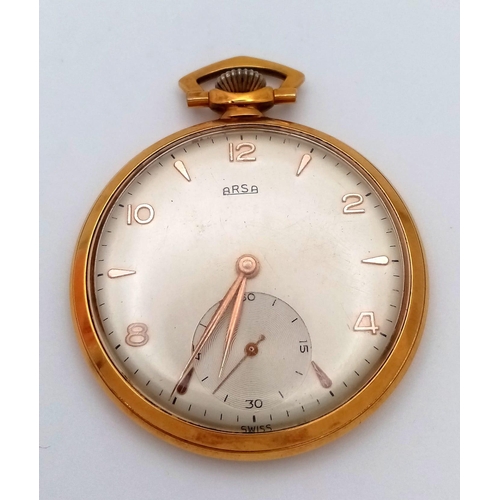 162 - A Rare Vintage 1930s Arsa (Auguste Reymond) Gold Plated Pocket Watch. Top winder. White dial with se... 