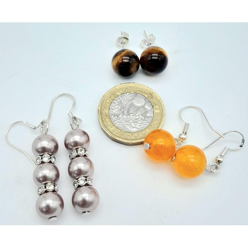 439 - Three Pairs of Different Style 925 Silver Earrings - Orange jade, Tigers eye and Lavender pearl shel... 