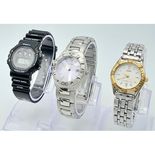 1610 - A Parcel of Three Ladies Watches. Comprising: 1) An Unworn Stainless Steel Sekonda Quartz Watch (30m... 