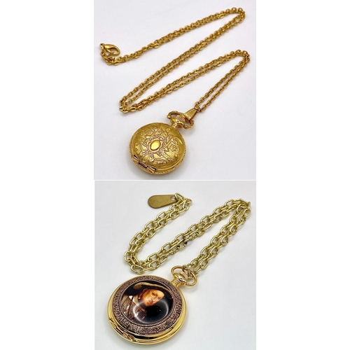 1554 - A Parcel of Two ‘His and Hers’ Gold Tone Quartz Pocket Watches on Albert Chains; comprising of a men... 