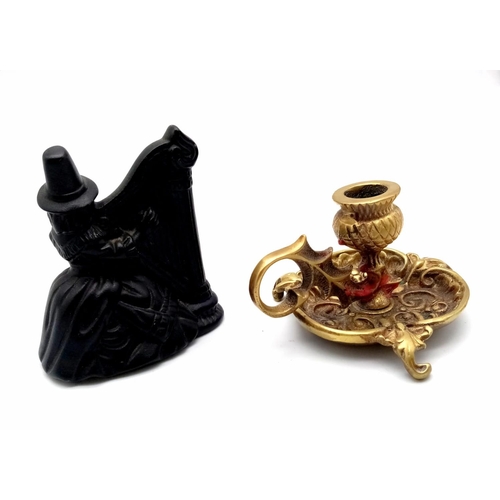 1779 - A Vintage Small Brass Candle Holder and a Coal Lady Figurine - 10cm.