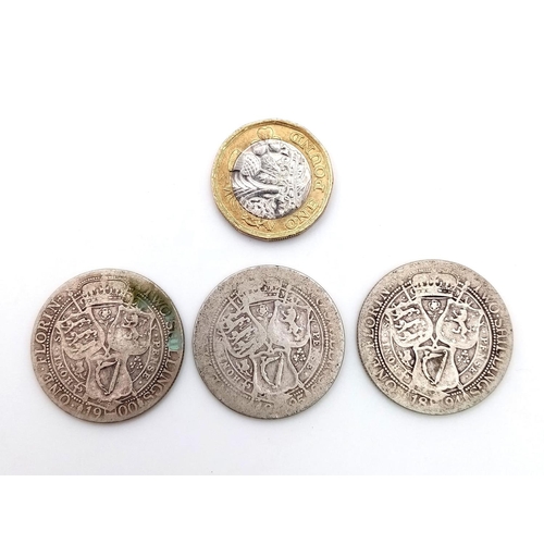 1749 - Three Victorian Florin Silver Coins: 1894, 1895 and 1900. Please see photos for conditions.