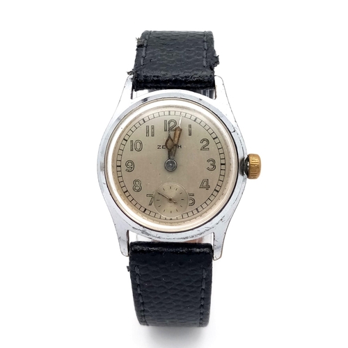 1192 - A Vintage Zenith Ladies Watch. Brown leather strap. Stainless steel case - 28mm. Silver tone dial wi... 