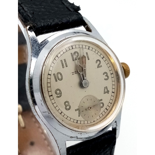 1192 - A Vintage Zenith Ladies Watch. Brown leather strap. Stainless steel case - 28mm. Silver tone dial wi... 