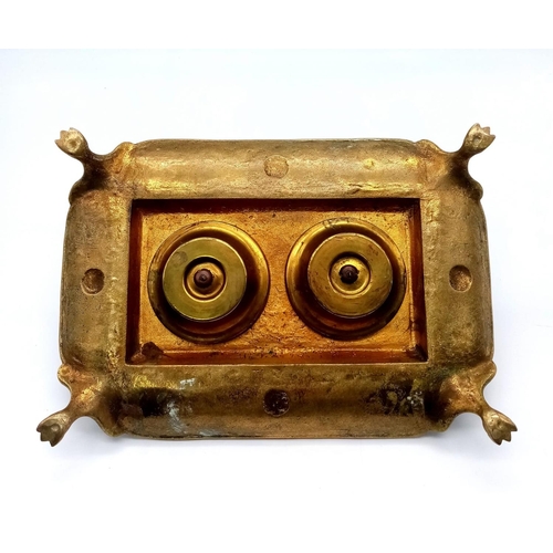 1615 - An Antique Brass (Possibly French) Double Inkwell. Ornate regal scroll decoration throughout with tw... 