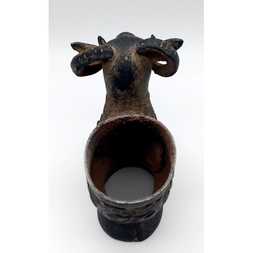 1813 - An Antique Chinese Bronze Ram's Head Lidded Drinking Vessel. Nice patina with ornate decorative work... 