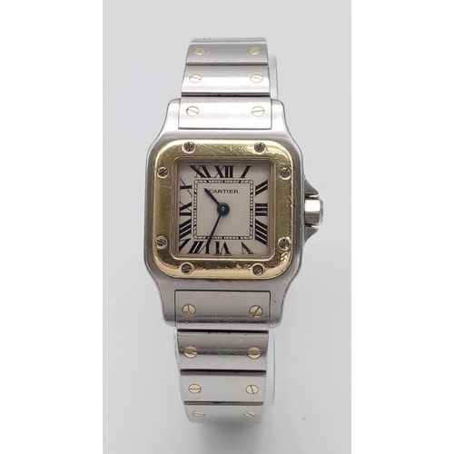 102 - A Cartier Bi-Metal Santos Quartz Ladies Watch. Stainless steel bracelet with gold screws. Bi-metal c... 