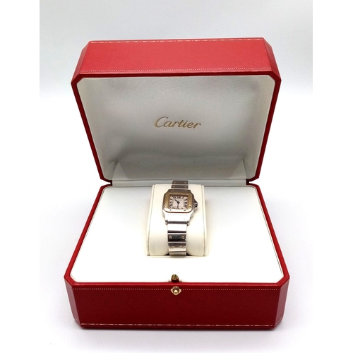 102 - A Cartier Bi-Metal Santos Quartz Ladies Watch. Stainless steel bracelet with gold screws. Bi-metal c... 