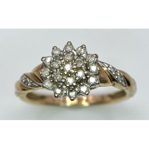 124 - A 9K YELLOW GOLD 0.25CT DIAMOND CLUSTER RING. TOTAL WEIGHT 2.7G. SIZE Q