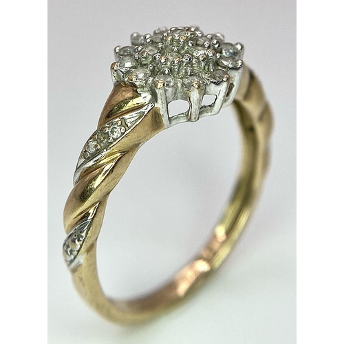 124 - A 9K YELLOW GOLD 0.25CT DIAMOND CLUSTER RING. TOTAL WEIGHT 2.7G. SIZE Q