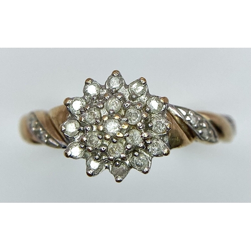 124 - A 9K YELLOW GOLD 0.25CT DIAMOND CLUSTER RING. TOTAL WEIGHT 2.7G. SIZE Q