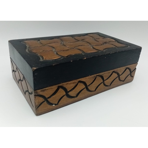 1329 - A Vintage Wooden Jewellery Box with Decorative Carved Pattern. Full of a potpourri of items - from q... 